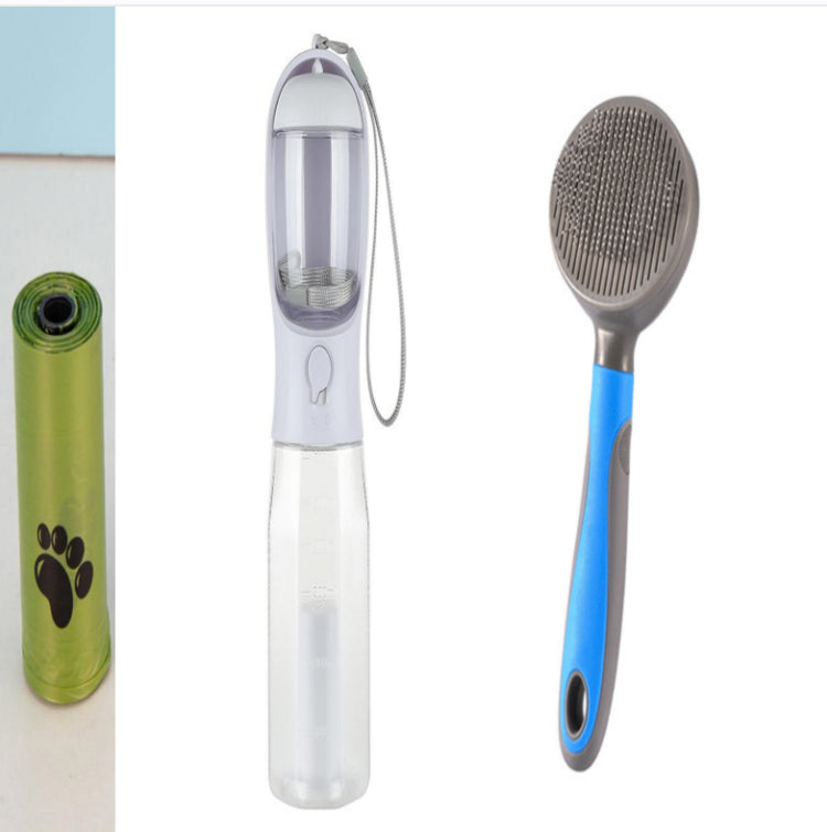 Portable Bucciato 3-in-1 dog and cat water bottle with food feeder and poop dispenser, leak-proof pet travel water bottle.