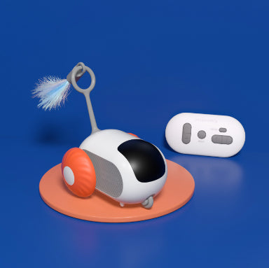 Interactive cat toy car with remote control, USB charging, and self-moving features designed for playful cats.