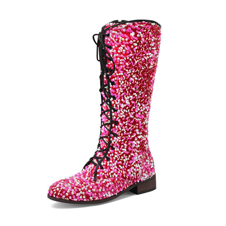 Glittery round-toe mid-heel over-the-knee boots with front lacing, stylish women&