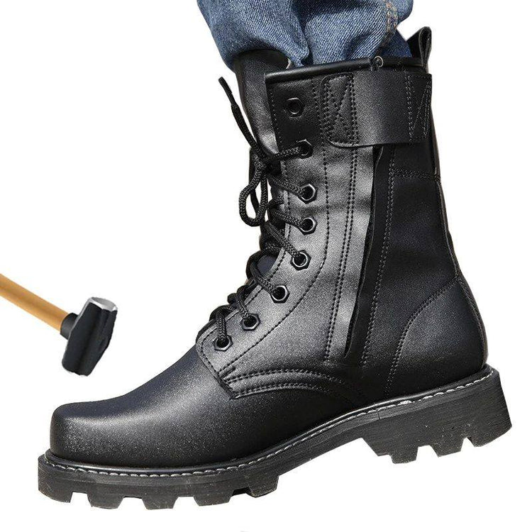 Black military steel-toe work safety shoes with rugged tactical combat boots design, featuring reinforced toe caps and sturdy soles.