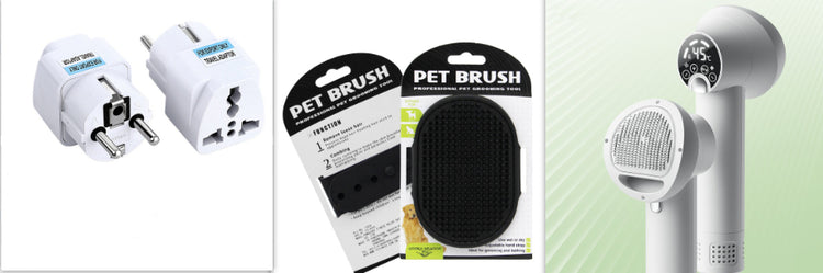 Golden Retriever and cat grooming with a silent Bucciato pet hair dryer, blow and comb tool for pet grooming and cleaning.