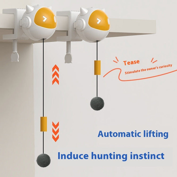 Lifting Electric Cat Toy in white and yellow ABS with telescopic cords and dangling grey pom-poms for automatic play