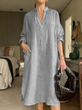 Women's Retro Cotton-Linen Long-Sleeve V-Neck Pocket Dress