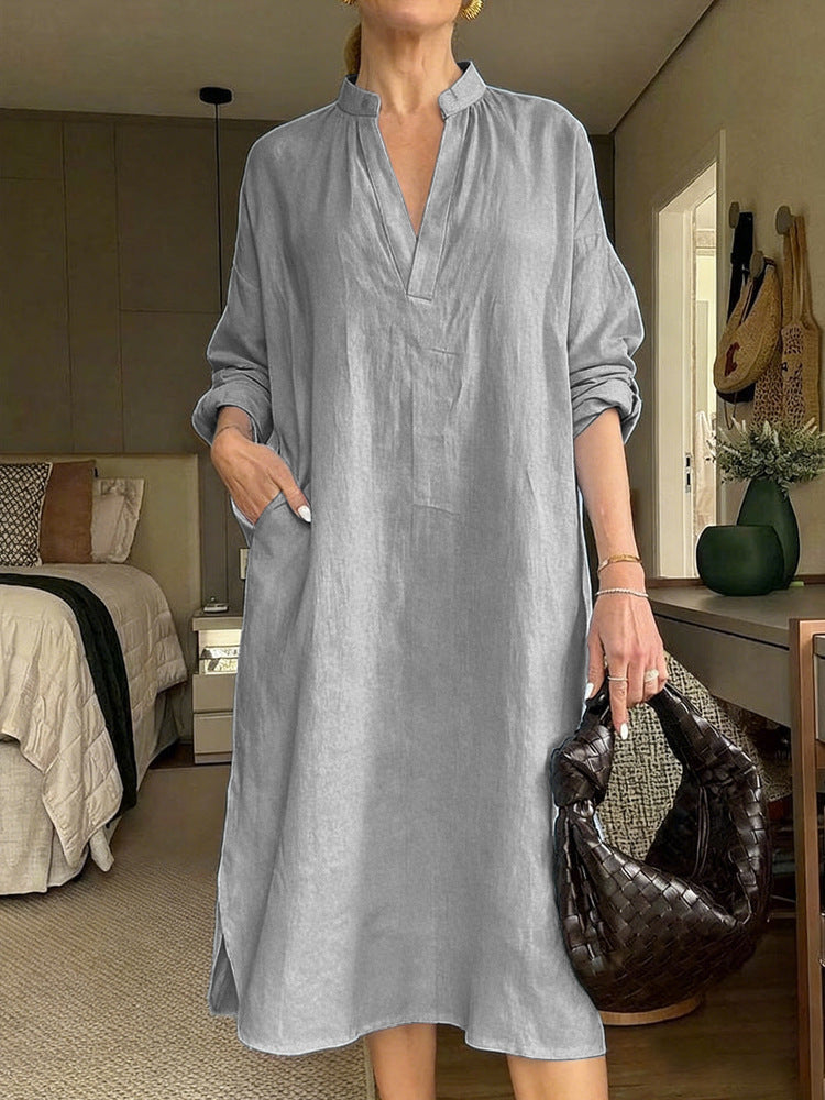 Women's Retro Cotton-Linen Long-Sleeve V-Neck Pocket Dress
