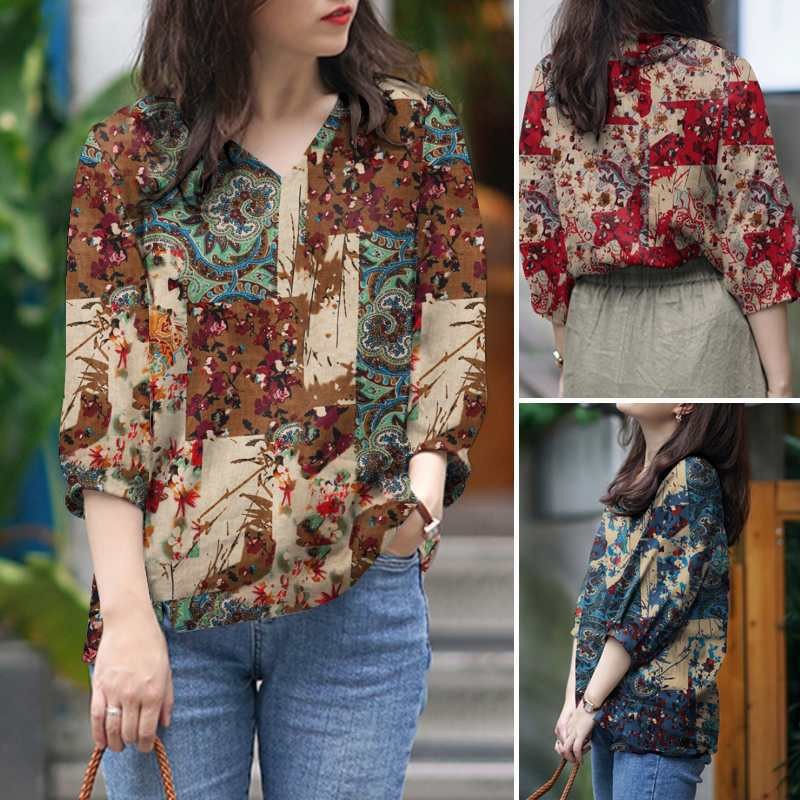 Women's Stylish V-neck Top With Three-quarter-length Sleeves Featuring A Printed Design