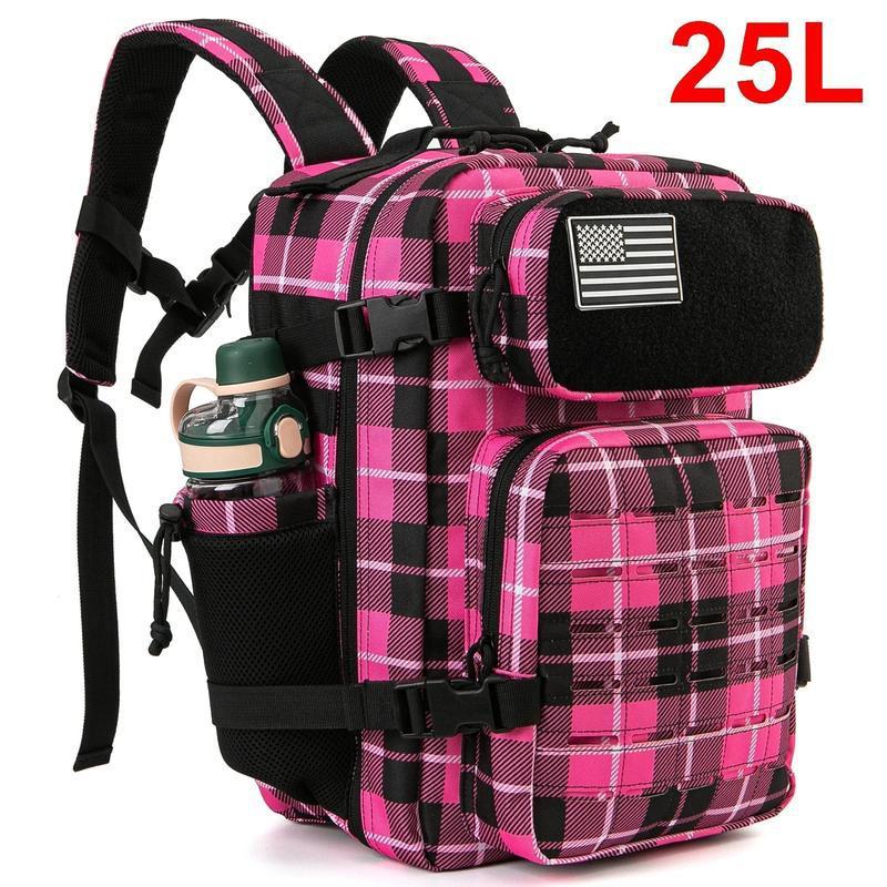 Mens tactical double-cup hunting backpack with multiple compartments and durable straps, ideal for outdoor hunting adventures.
