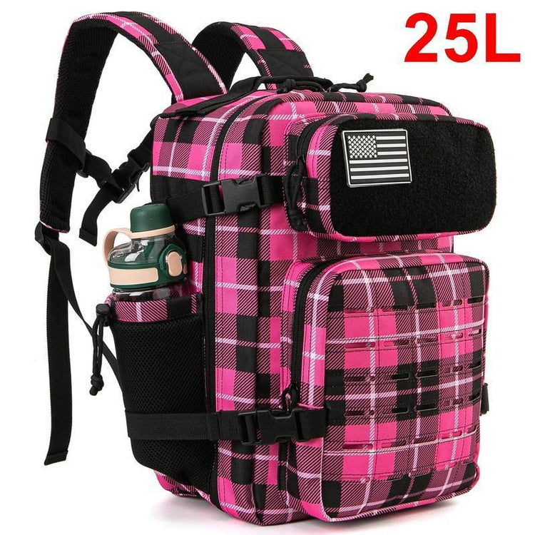 Mens tactical double-cup hunting backpack with multiple compartments and durable straps, ideal for outdoor hunting adventures.