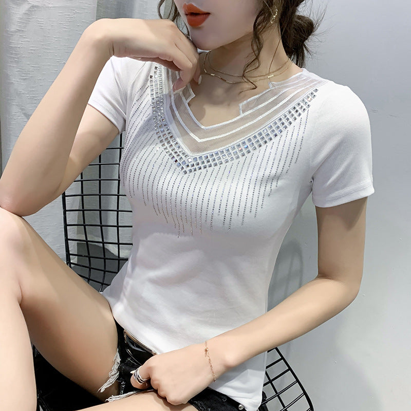 Women’s Mesh V-neck patchwork T-shirt with short sleeves, featuring a stylish design and comfortable fit.