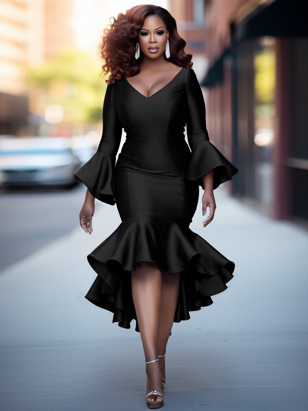 Womens Flared Sleeve Long-Sleeve V-Neck Plus-Size Dress