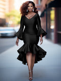 Womens Flared Sleeve Long-Sleeve V-Neck Plus-Size Dress