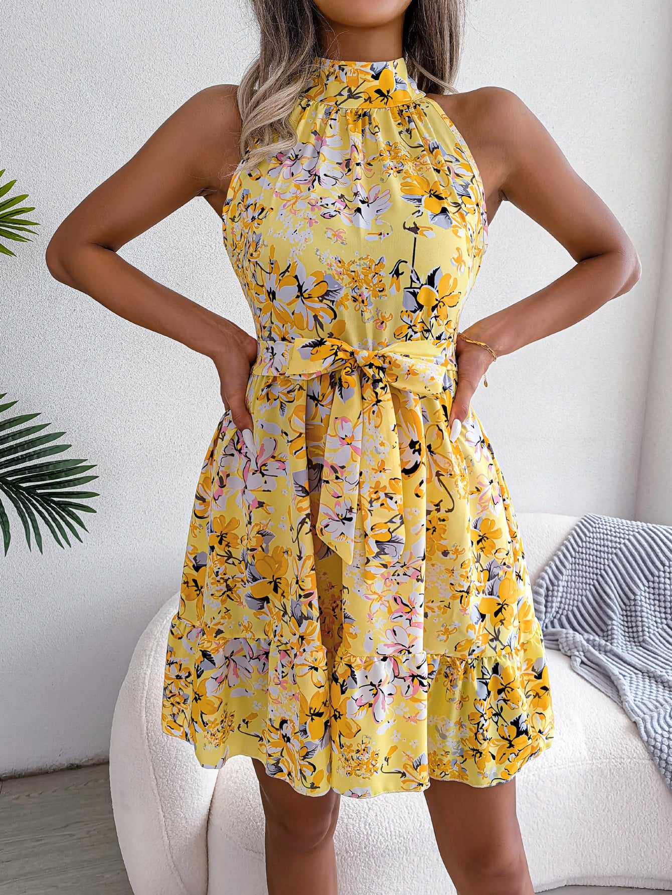 Women   Elegant Tie Waist Ruffle Hem Flowy Floral Print Dress