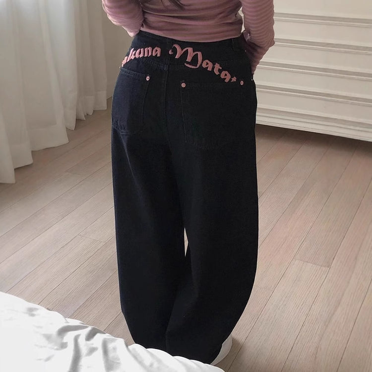Letter-embroidered printed high-waist slimming straight-leg jeans for women, luxury designer denim from Bucciato Multi-Product Store.