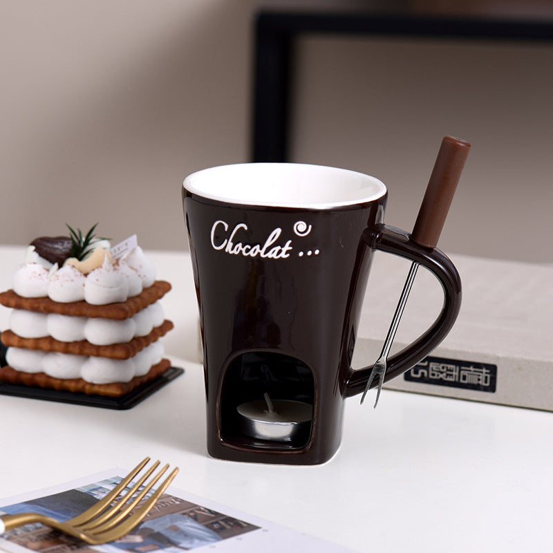 Bucciato mini fondue mug set with small pots for chocolate, cheese, or ice cream, ideal for dessert melting and serving.