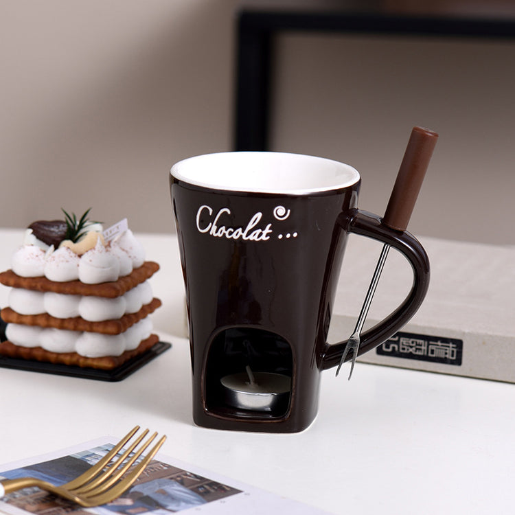Bucciato mini fondue mug set with small pots for chocolate, cheese, or ice cream, ideal for dessert melting and serving.