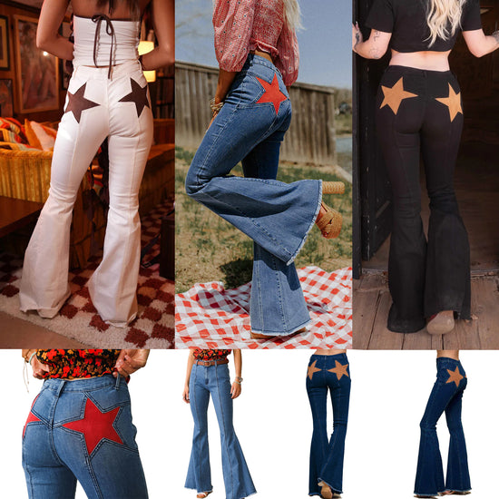 Women’s stretch denim jeans by Bucciato with high-quality stitching and five-pointed star design, showcasing fitted, fashionable jeans.