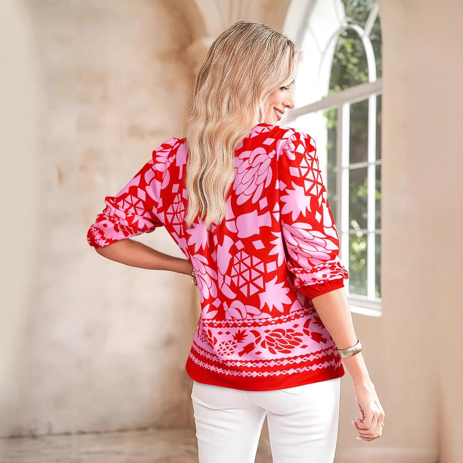Women's New Pointed-Collar Printed Long-Sleeve Cardigan Shirt
