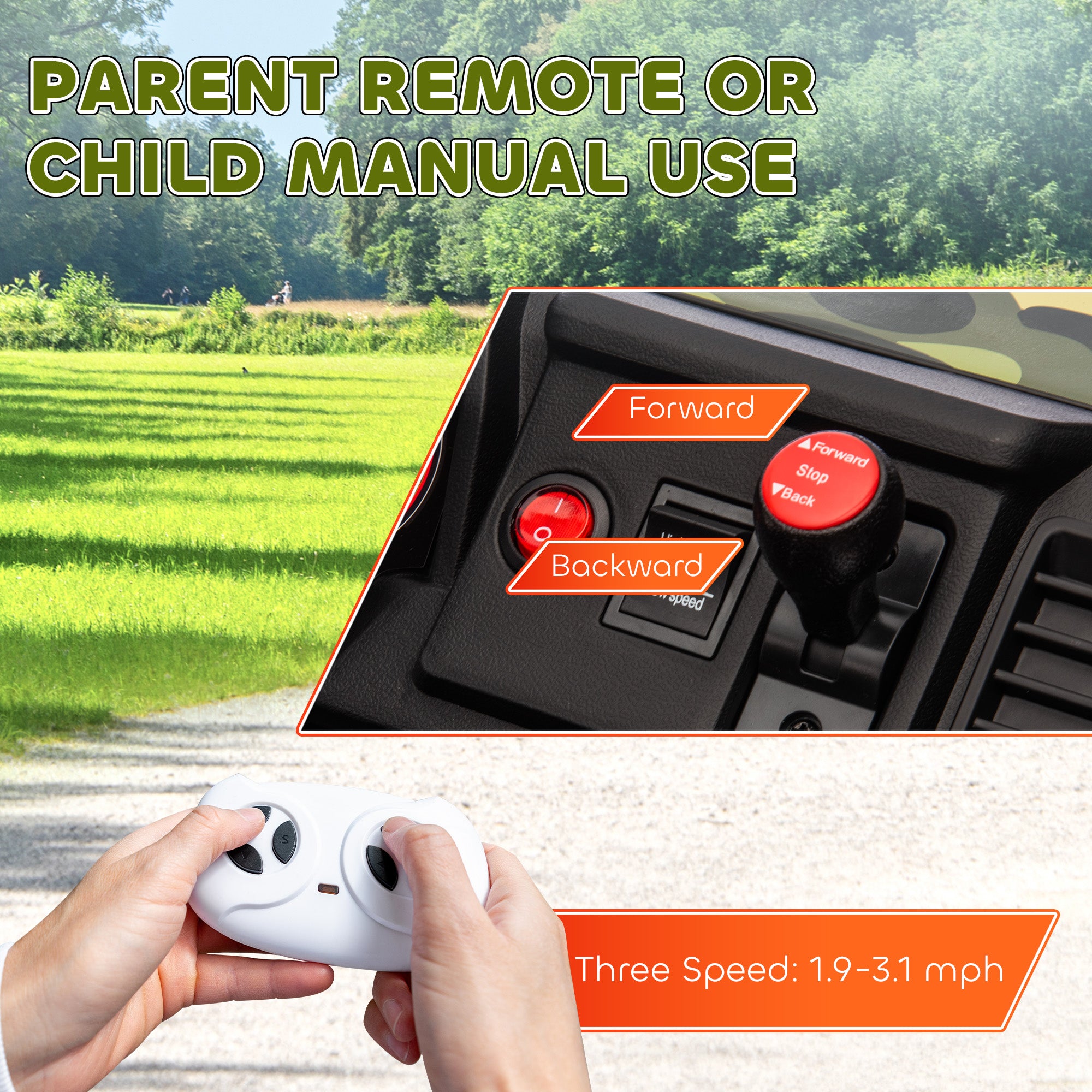 12V Kids Electric Car with Parent Remote Control, Spring Suspension, Soft Start, Music, LED Light, Safety Belt, Green