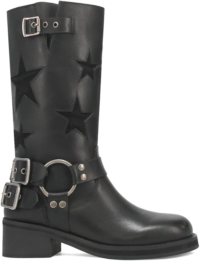 Women’s low-heeled ankle boots with stitched belt buckle detail, stylish designer footwear from Bucciato Multi-Product Store.