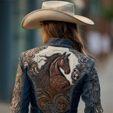 Women’s autumn retro washed denim jacket with long sleeves, casual style, in a classic blue denim, front view.