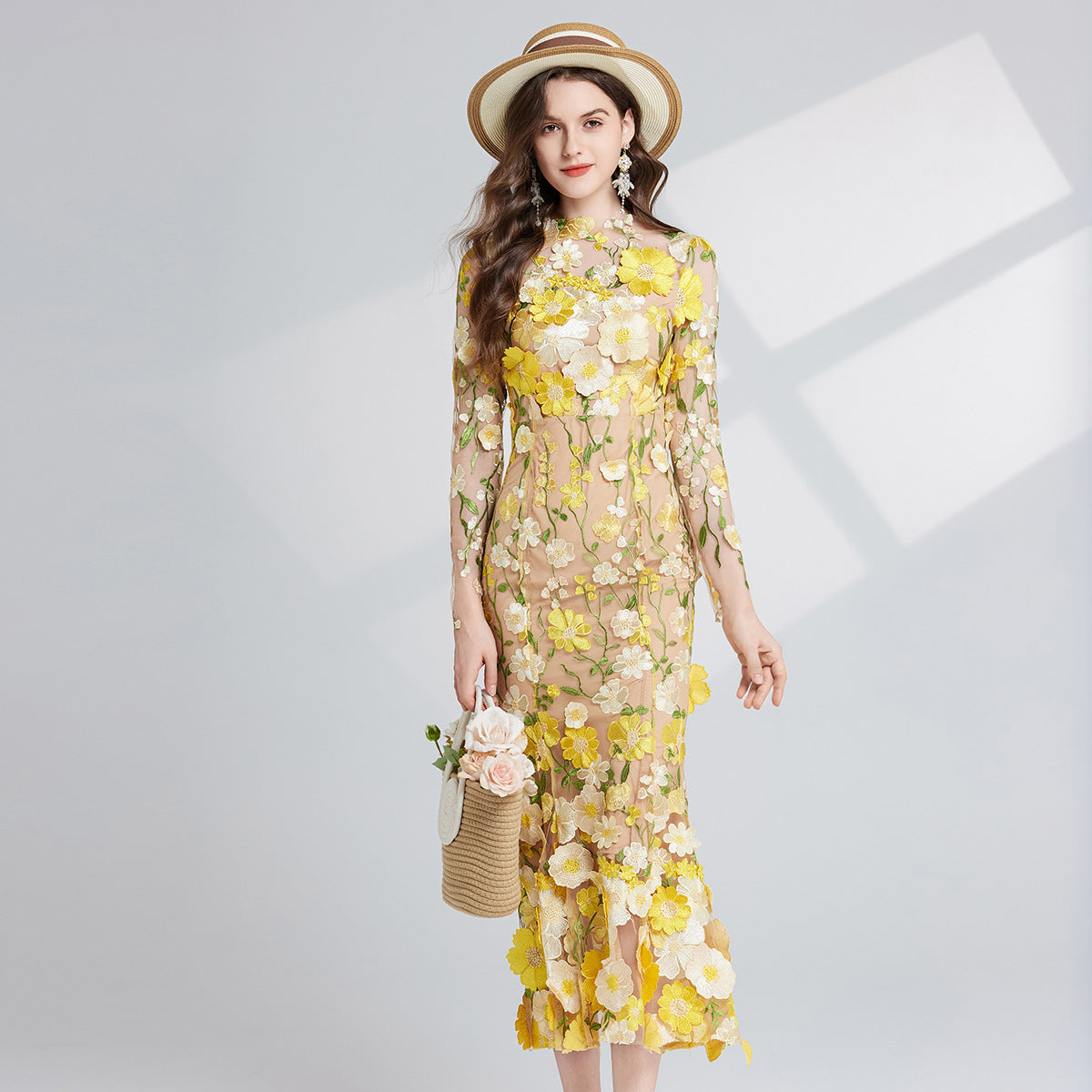 Dress Elegant Embroidered 3D Flower Design, Defined Waistline Long Sleeves