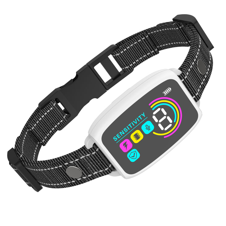 Rechargeable Bucciato anti-barking dog collar with digital display, waterproof design, and training features for pet dogs.
