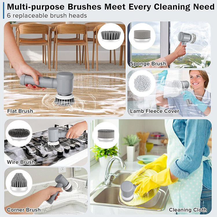 Rechargeable cordless electric cleaning brush with turbo spin scrub head, ideal for kitchen, bathroom, and tile cleaning.
