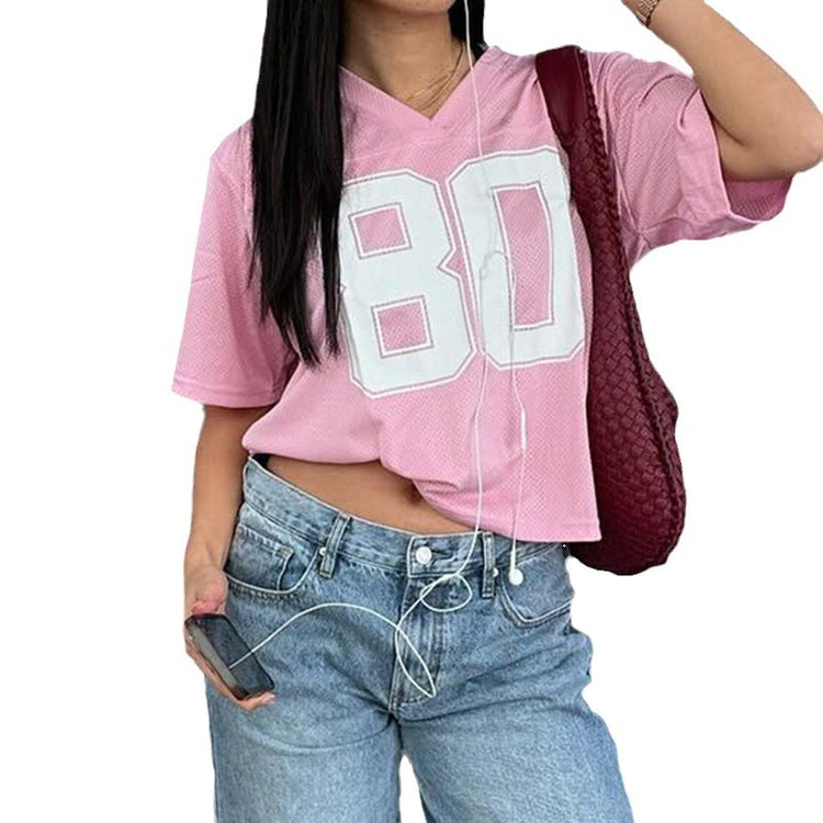 Unisex Street Tide brand digital printed loose V-neck short sleeve T-shirt with streetwear style and bold graphic design.