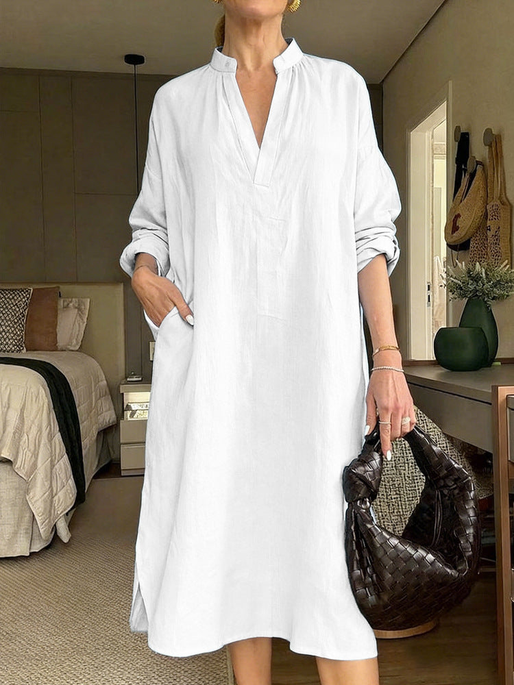 Women's Retro Cotton-Linen Long-Sleeve V-Neck Pocket Dress