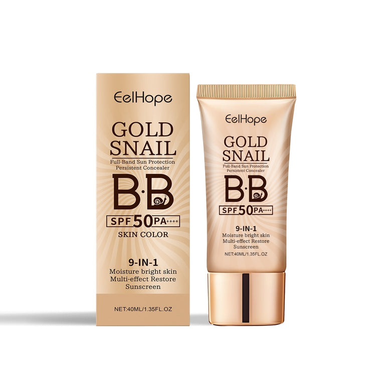 Imported Golden Snail Sunscreen BB Cream provides skin repair, sun protection, and a glowing finish.
