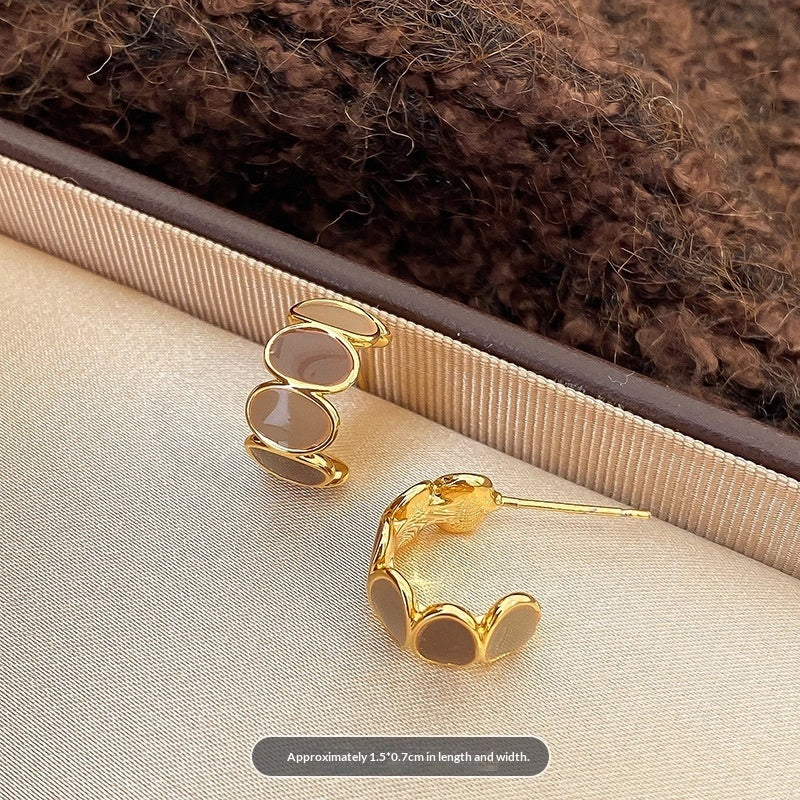 Maillard Coffee-Brown C-Shaped Irregular Dripped-Glaze Earrings