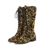 Glittery round-toe mid-heel over-the-knee boots with front lacing, stylish women&