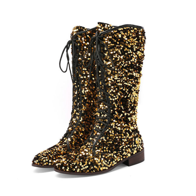 Glittery round-toe mid-heel over-the-knee boots with front lacing, stylish women&