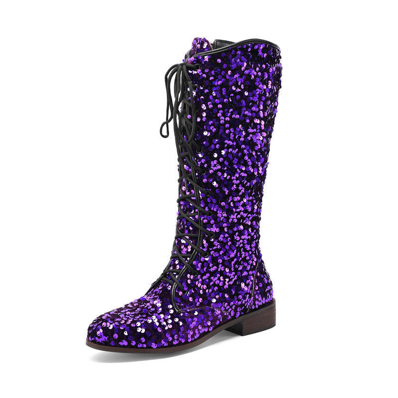 Glittery round-toe mid-heel over-the-knee boots with front lacing, stylish women&