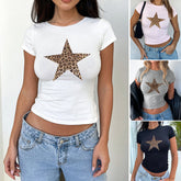 Leopard print round neck short sleeve top by Bucciato with a tight waist fit, showcasing the pattern and fabric details.
