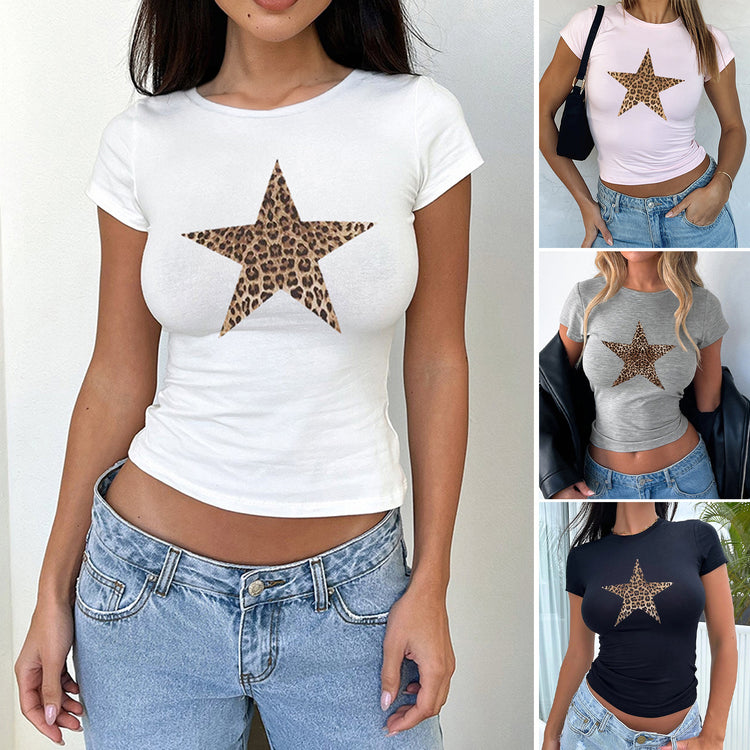 Leopard print round neck short sleeve top by Bucciato with a tight waist fit, showcasing the pattern and fabric details.