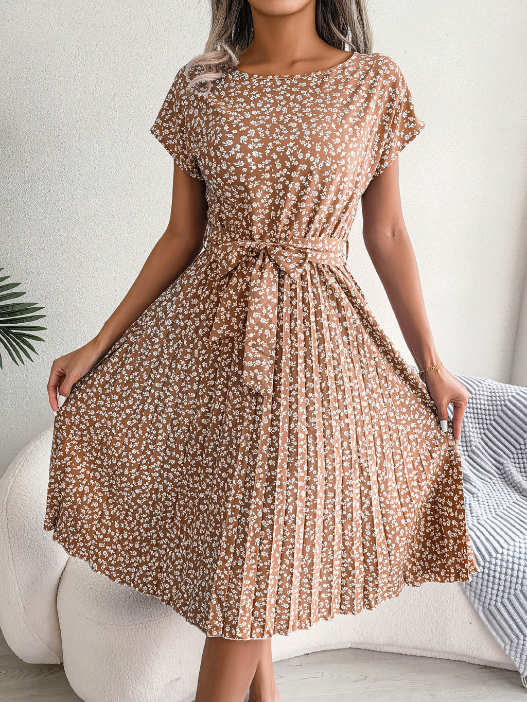 Women   Casual Short Sleeve Floral Print Flowy Pleated Skirt
