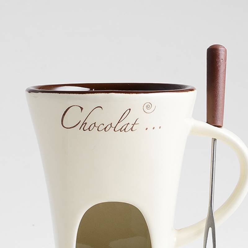 Mini fondue mug set by Bucciato with small pots for chocolate, cheese, or ice cream melting, ideal for dessert serving and warmers.