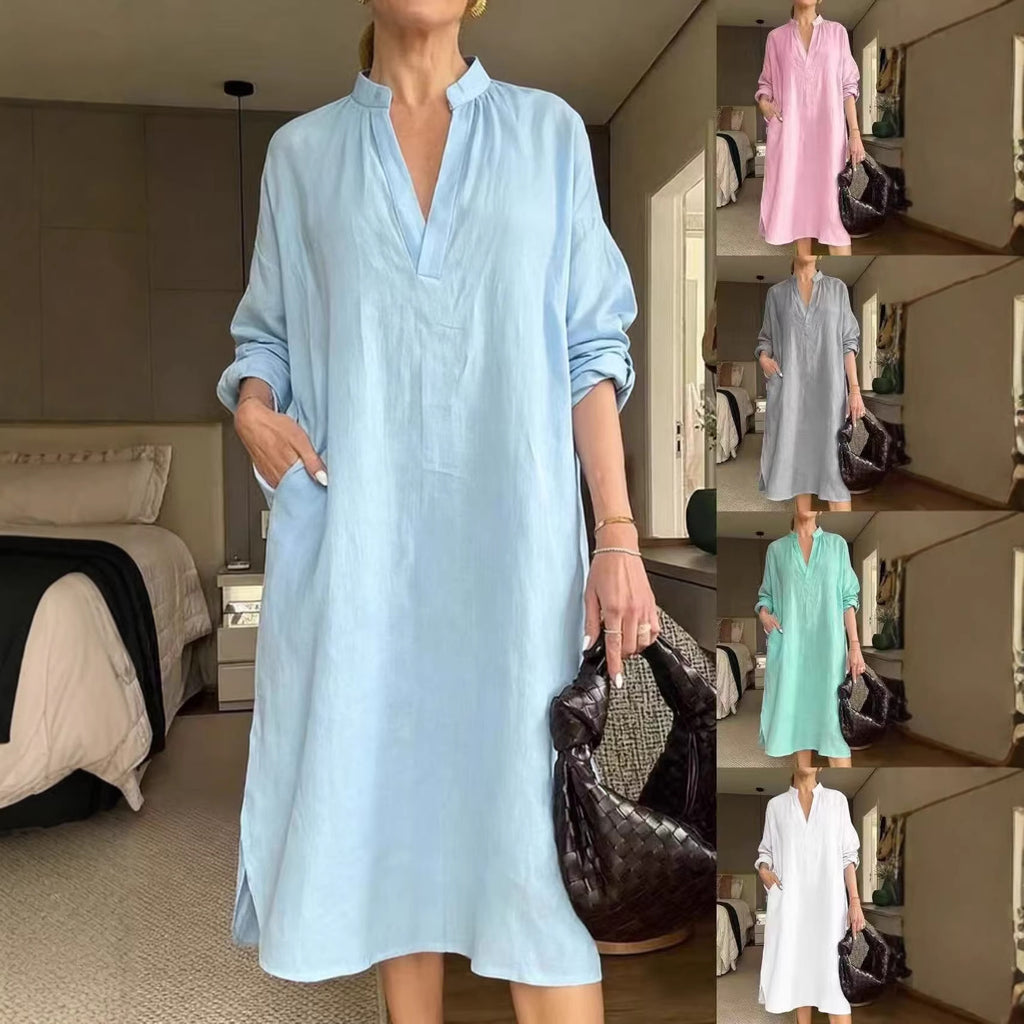 Women's Retro Cotton-Linen Long-Sleeve V-Neck Pocket Dress