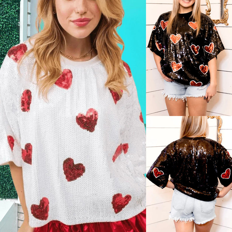 European and American round neck sequin T-shirt with half sleeves, featuring heavy industry sequins in a festive Christmas style.