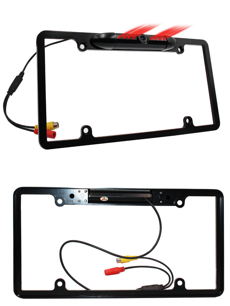 Bucciato automotive reverse camera with license plate frame, designed for easy installation and clear rear view visibility.