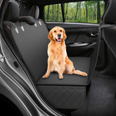 Bucciato dog car seat cover with mesh view, zipper, and pocket, protecting rear car seat for pet travel and safety.