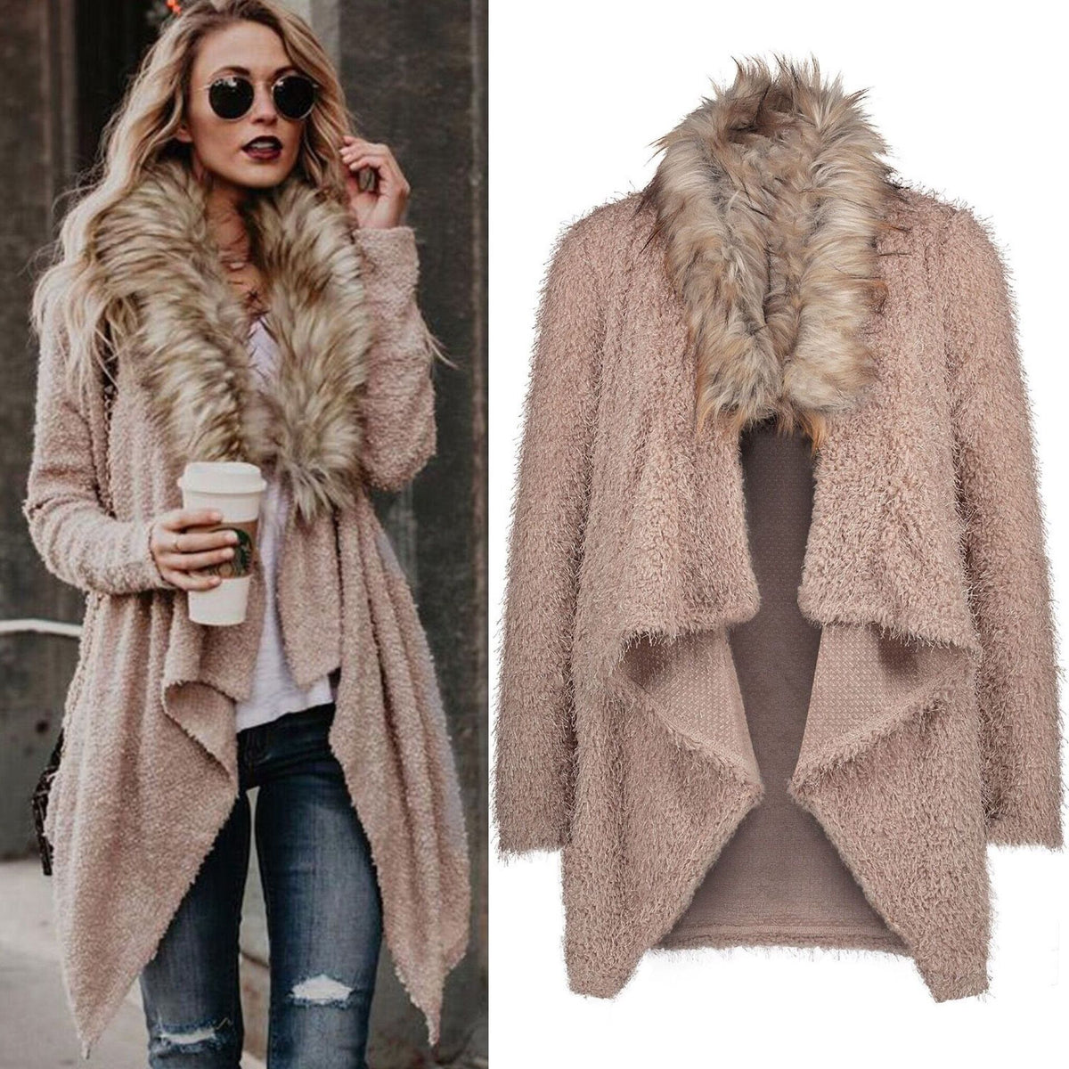 Women’s plush trench coat with fur collar, stylish outerwear by Bucciato featuring a cozy, elegant design for cold weather.
