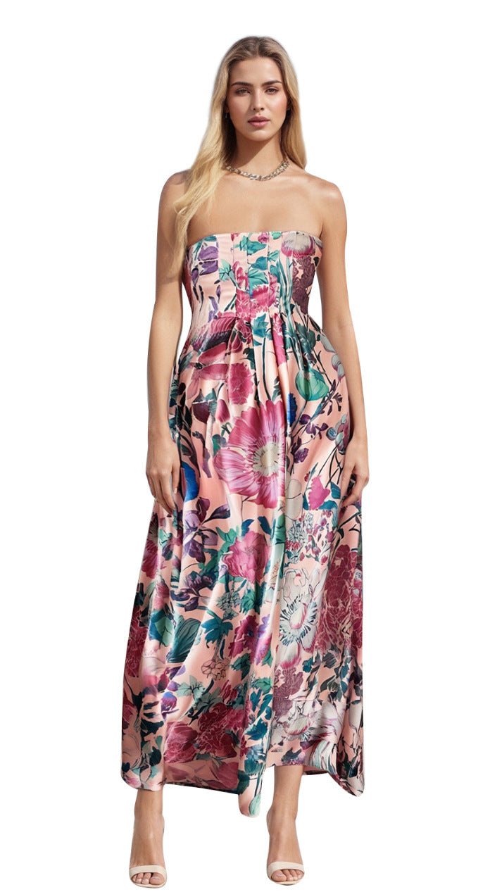 Strap-printed High-waist Belt A-line Dress