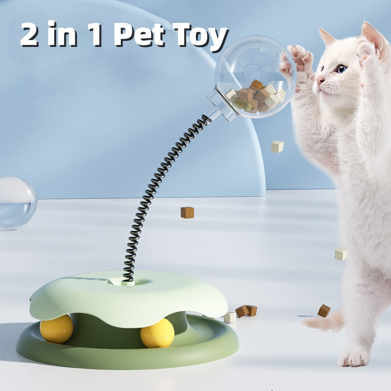 Katzenfutter-Auslaufspielzeug 2 in 1 Drehtellerball Spielzeug Kätzchen Lustiger Katzentrainingsball mit Federmechanismus Katzenzubehör Haustierprodukte