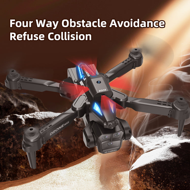 Black C10 three-camera aerial drone from Bucciato, foldable design with multiple cameras, ready for aerial photography.