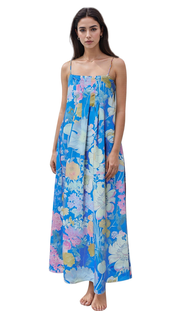 Strap-printed High-waist Belt A-line Dress