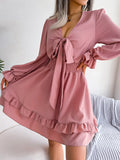 Women  Casual Tie Waist Ruffle Trim Flowy Dress