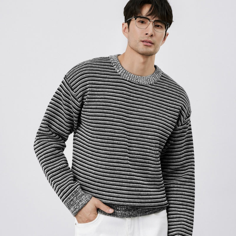Mens Winter Warm Striped Crew-Neck Sweater