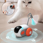 Interactive cat toy car with remote control, USB charging, self-moving, chasing feature, designed for pets and feline entertainment.