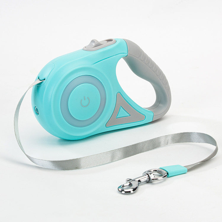 Retractable dog leash and collar set for small to medium dogs, featuring a spotlight and automatic traction rope, in vibrant colors.